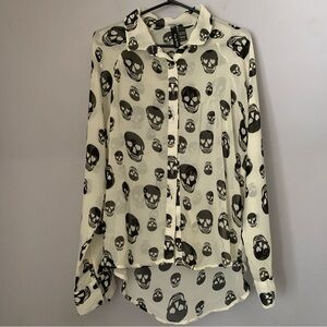 Fun & Flirt Skull Print Sheer Button Up Blouse Size Large